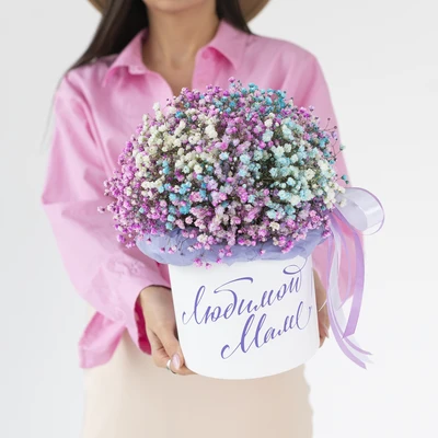 Шляпная коробка из гипсофилы "Любимой Маме" L