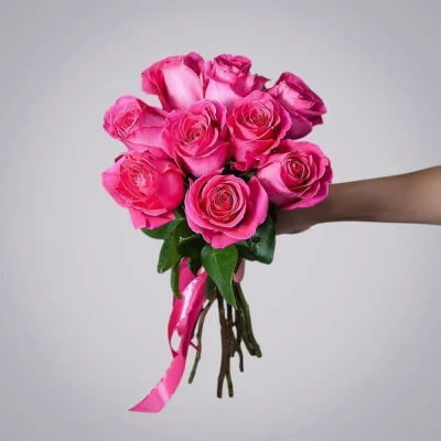 Монобукет из 9  Роз розовых под ленту